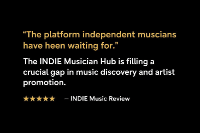 Text on a black background praising The INDIE Music Hub for music discovery and artist promotion.