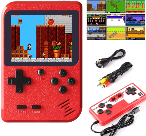 Red handheld game console with screen displaying a classic game, surrounded by additional accessories on a white background.