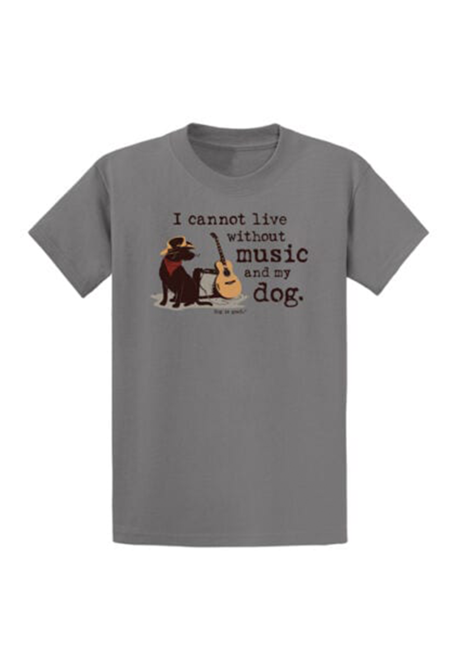 Gray t-shirt with a bear playing guitar and text 'I cannot live without music and my dog' on a white background