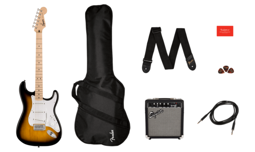 Fender guitar set with amplifier, case, strap, and accessories on a white background