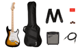 Fender guitar set with amplifier, case, strap, and accessories on a white background