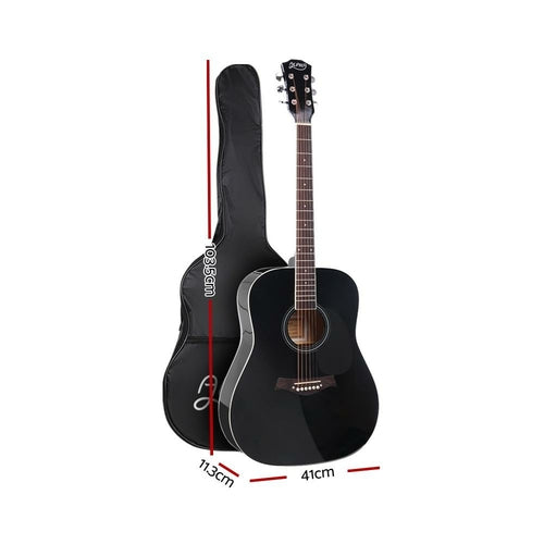 Black acoustic guitar with dimensions marked on a white background
