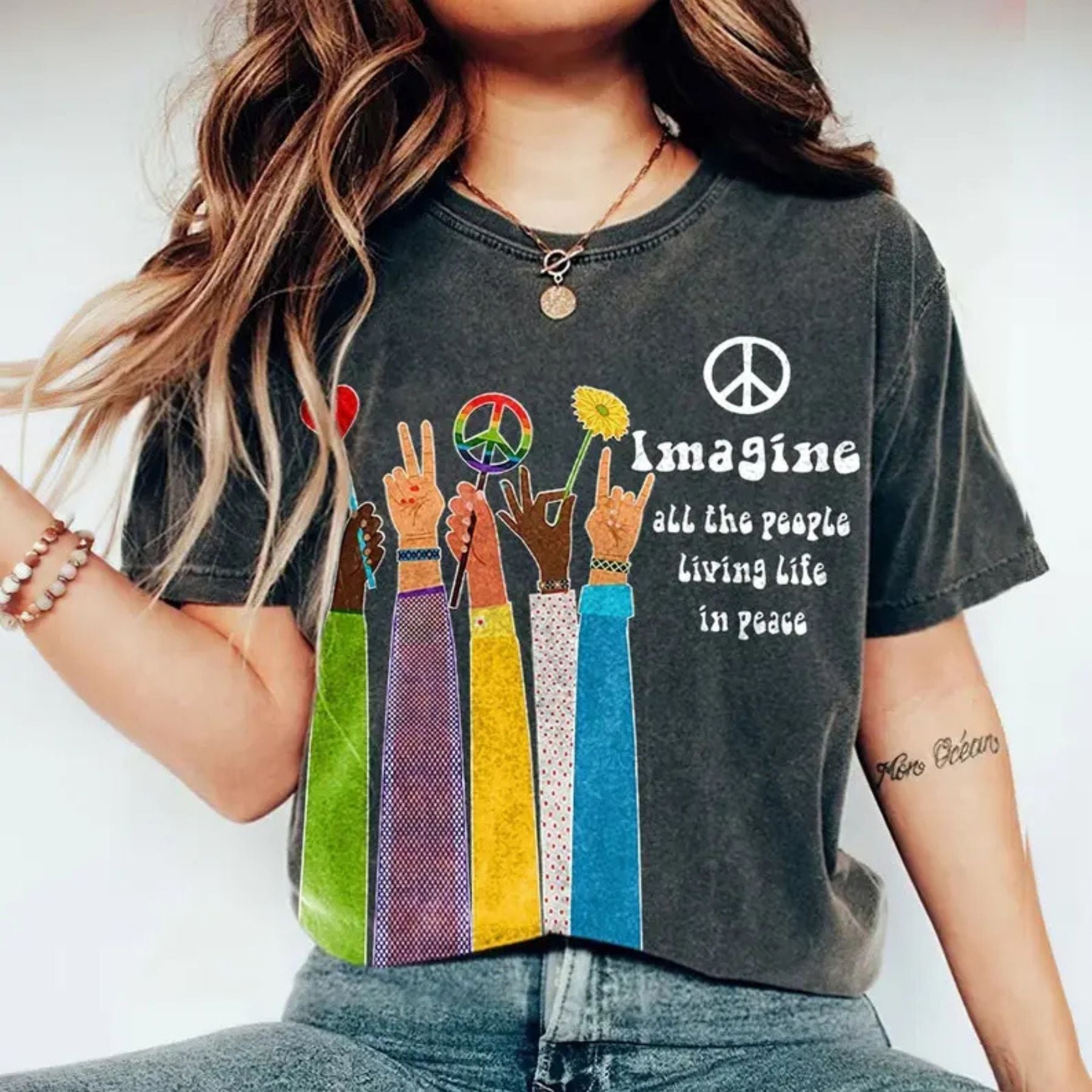 'Imagine All The People Living Life In Peace' Shirt – John Lennon Music, Beatles Song Lyrics Shirt, Vintage Hippie Life Tee