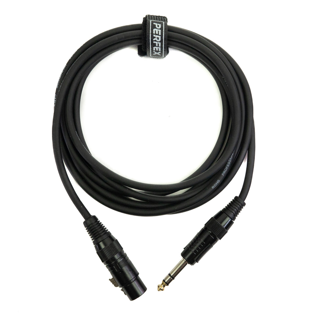 Black audio cable with XLR and 1/4 inch connectors on a white background