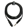 Black audio cable with XLR and 1/4 inch connectors on a white background