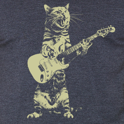 Illustrated cat playing an electric guitar on a music t-shirt
