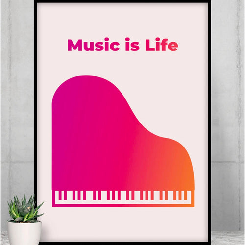 Framed poster with a gradient piano design and 'Music is Life' text on a white background.