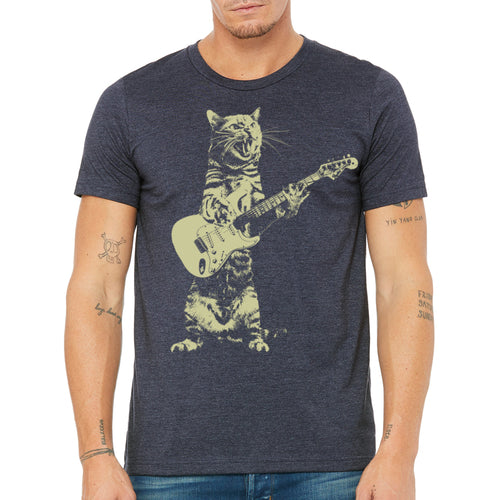 Navy t-shirt  Illustrated cat playing an electric guitar on a music t-shirt